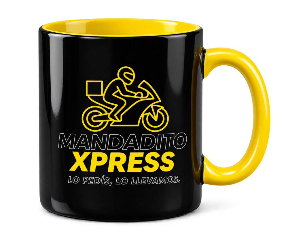Taza negra y amarilla de Mandadito Xpress